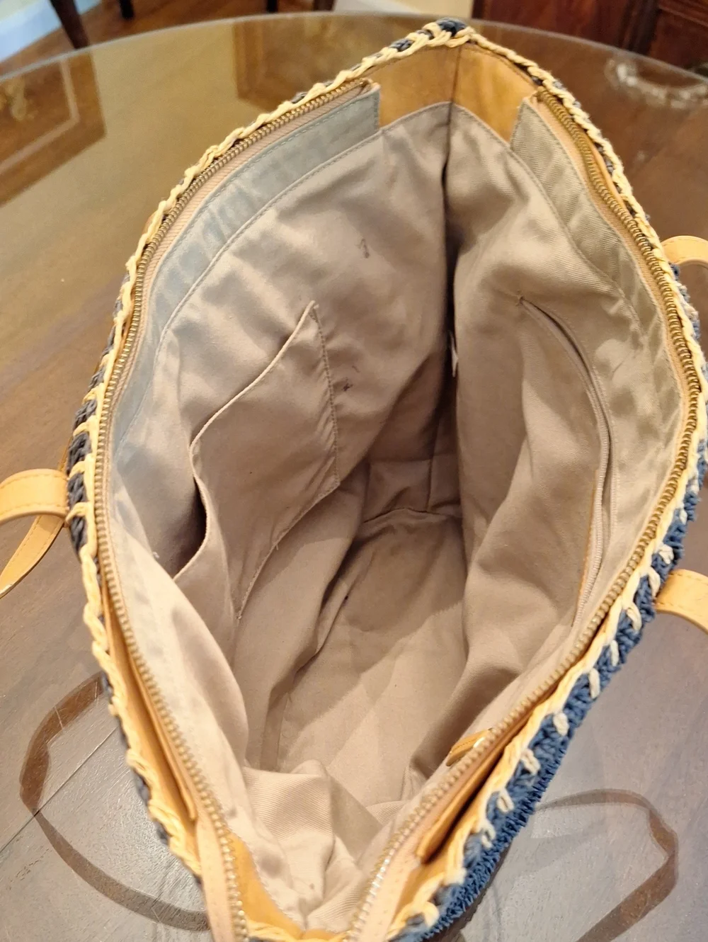 Talbots Woven Navy Straw Tote Beach Bag with Tan Handles